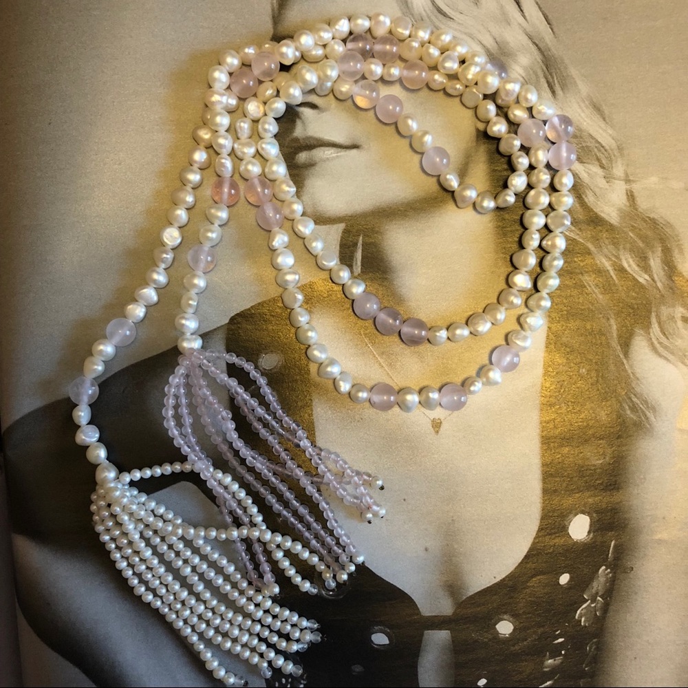 Stunning freshwater pearls rose quarts lariat - Picture 6 of 8